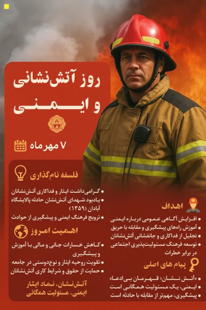 ۷ مهرماه روز آتش نشانی و ایمنی ...
یادبود شهدای آتش نشان حادثه پالایشگاه آبادان سال ۱۳۵۹ ...
در سالهای گذشته همیشه آتش نشانان عزیزی را در حوادث سخت مثل حادثه پلاسکو و ... از دست داده ایم .
این روز بر همه زحمت کشان آتش نشان مبارک باد.
روحشان شاد💔🖤